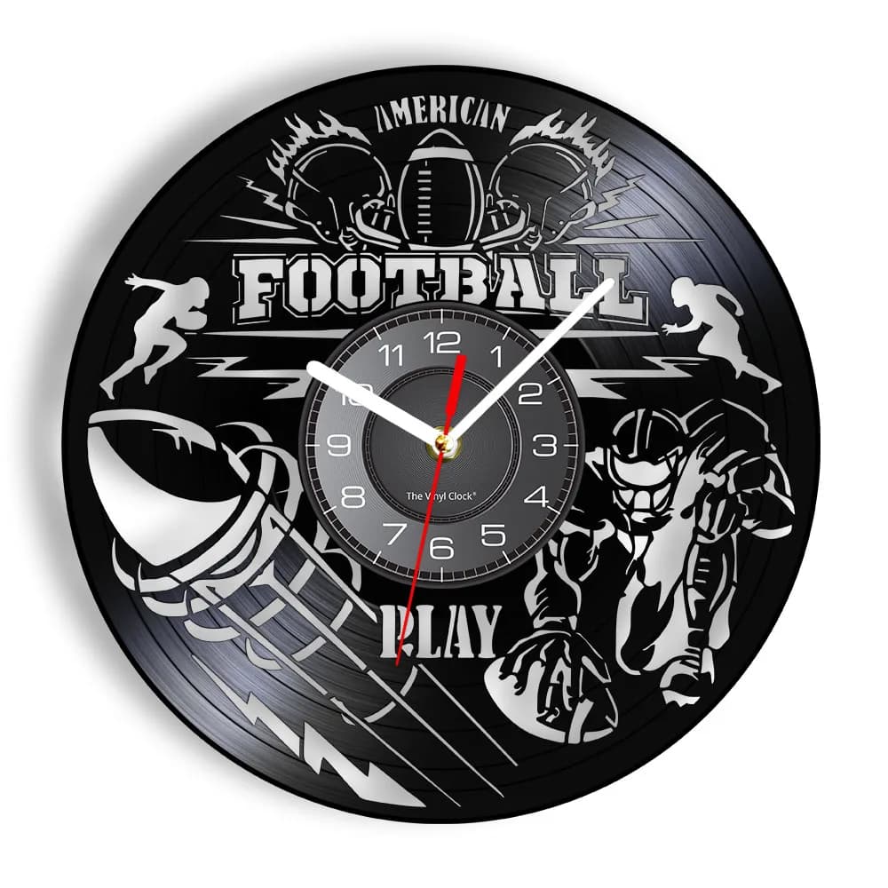 Wall clock with rugby alloy vinyl disc, sports art wall clock for American football games, wall clock for rugby player home decoration
