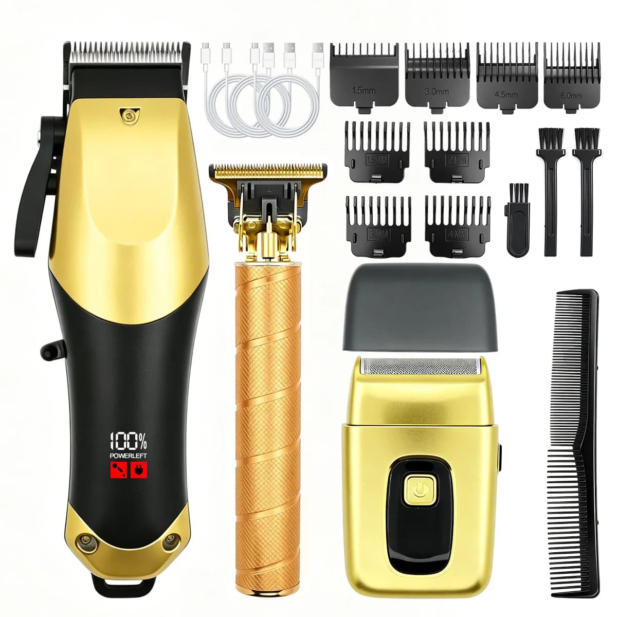 3‑In‑1 USB Rechargeable Men Hair Cutting Kit Pro Clipper T‑Blade Trimmer Foil Shaver with 8 Guide Combs for Home Salon Beard