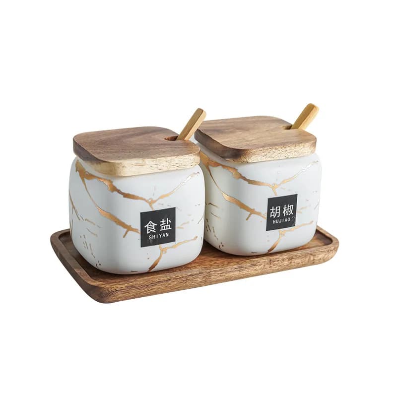Set di vasi per condimenti smerigliati da cucina giapponese, confezione da due contenitori per condimenti combinati per uso domestico in ceramica di marmo, bottiglia per condimenti per zucchero sale