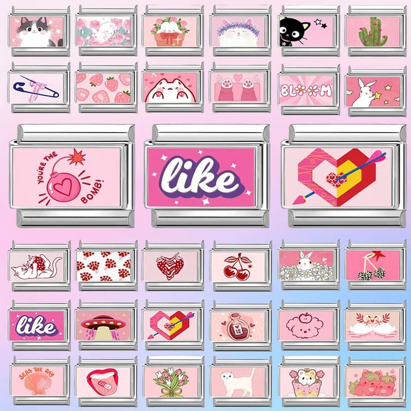 2025 Pink An Arrow Pierces The Heart Cats Fruit Italian Link Fit 9mm Stainless Steel Bracelet Making DIY Charm Jewelry Wholesale