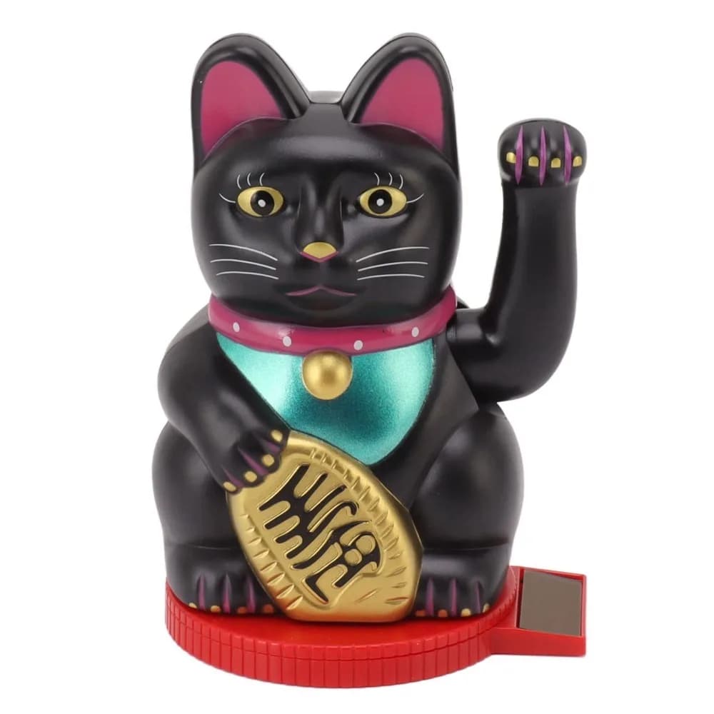 5 in Solar Waving Lucky Cat Plastic Built-in Solar Panel Car Dashboard Cat Ornament Auto Swinging Arm White & Gold & Black