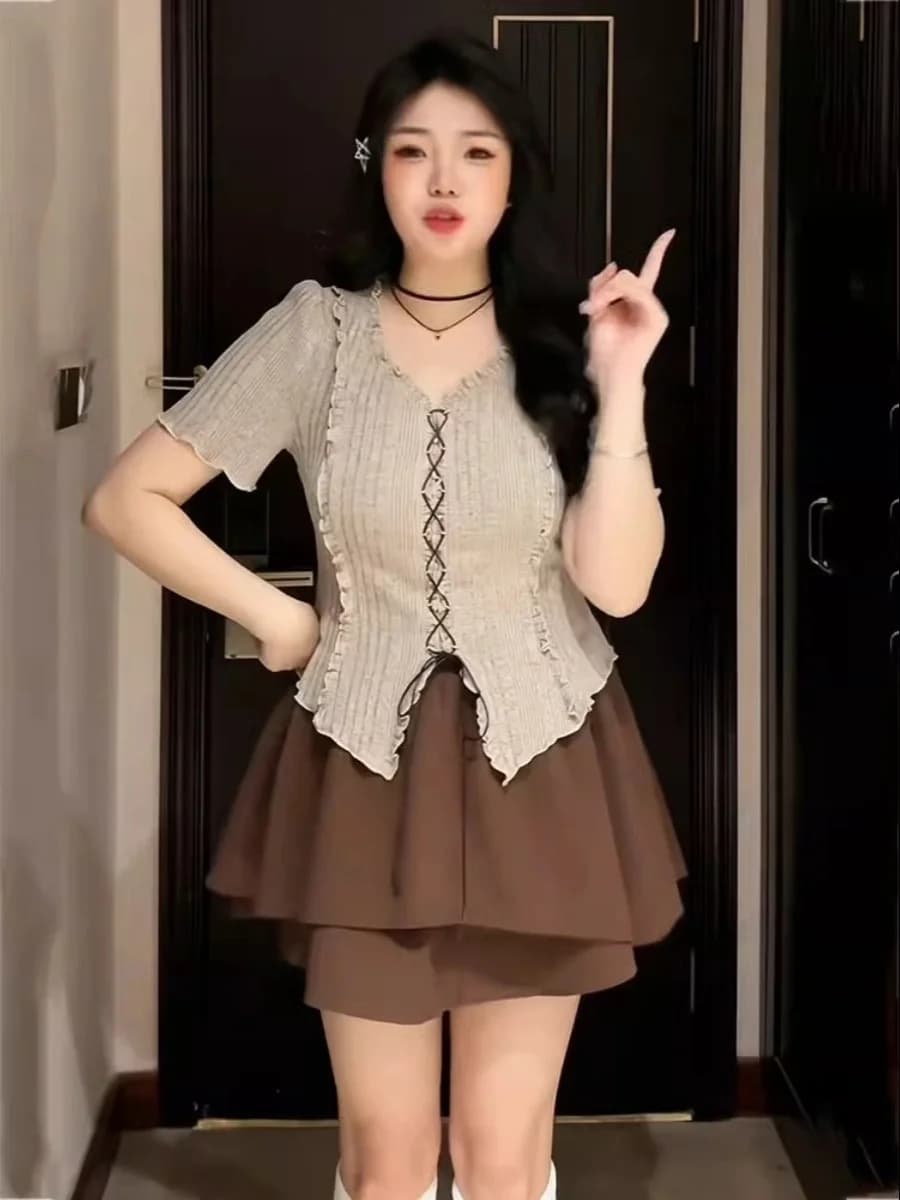 plus Size Pure Desire Summer Slimming Women's Fashion Set Short Sleeve Top Half Skirt Two Piece Set V Neck Pullover Polyester