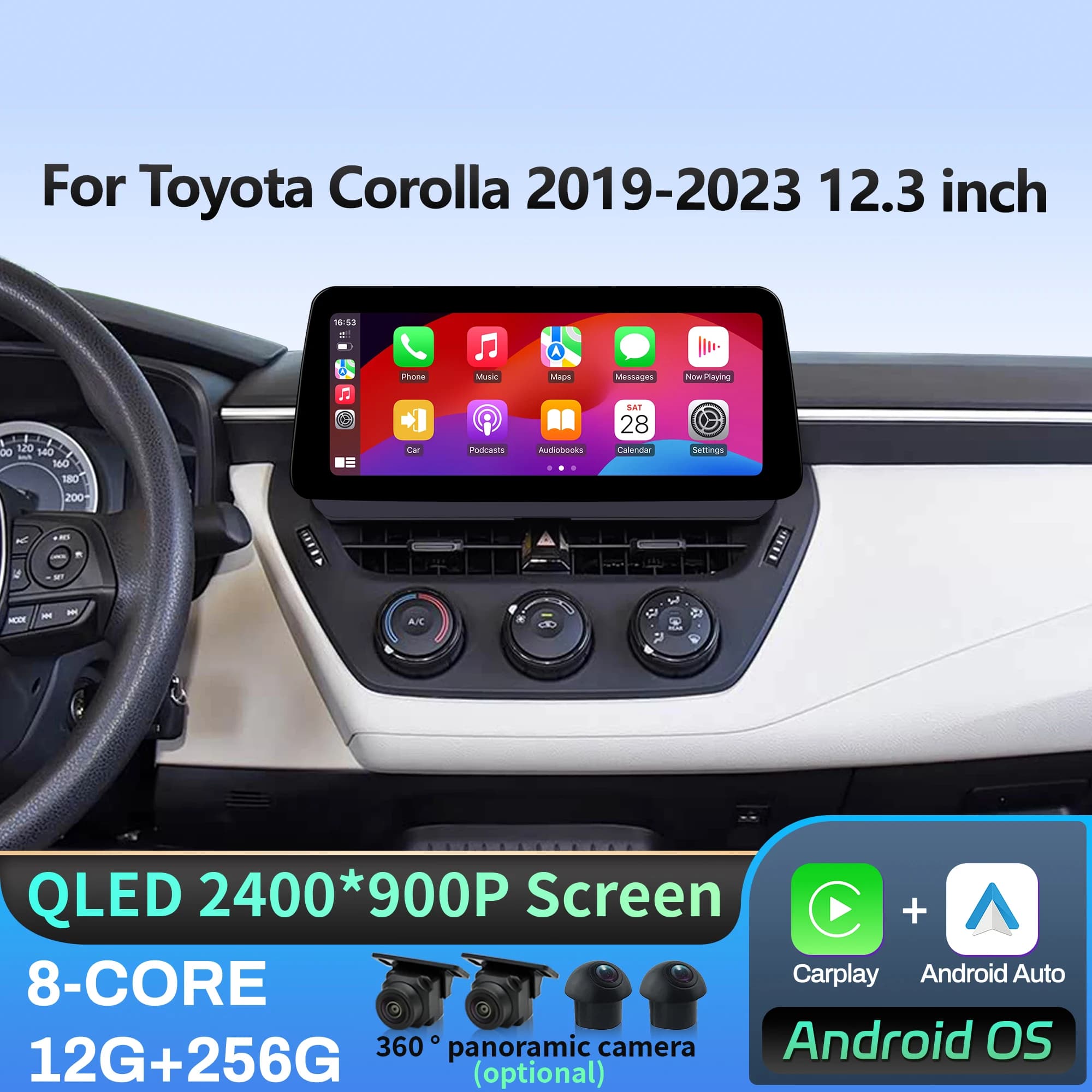 12.3 inch For Toyota Corolla 2019 2020 2021-2023 4G GPS Car Radio Android 14 Wireless Bluetooth Carplay Touch Head Unit Screen