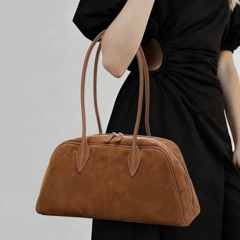 Aidani New Style Frosted Cowhide Suede Bowling Shoulder Bag, Large Capacity Commute Casual Travel Pillow Bag