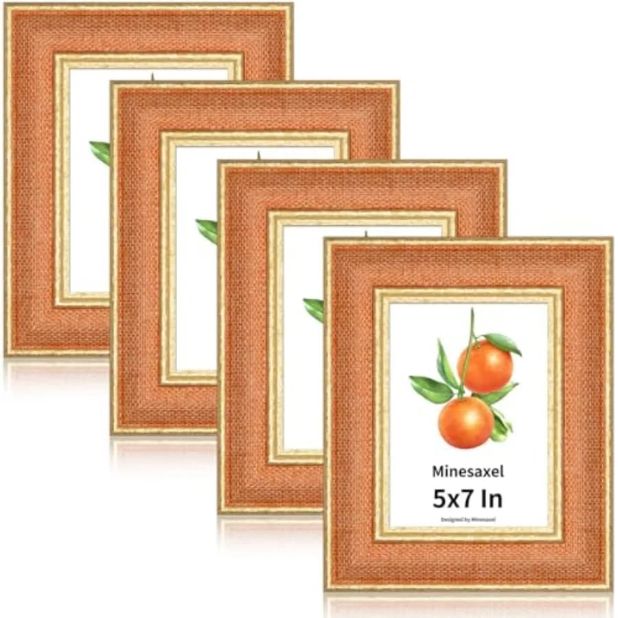 Cornice per Foto - Tessuto Arancione e Bordo Oro Rustico, Vetro HD Reale con Cavalletto per Foto di Famiglia da Tavolo/Parete, Decorazione Stile Fattoria 4