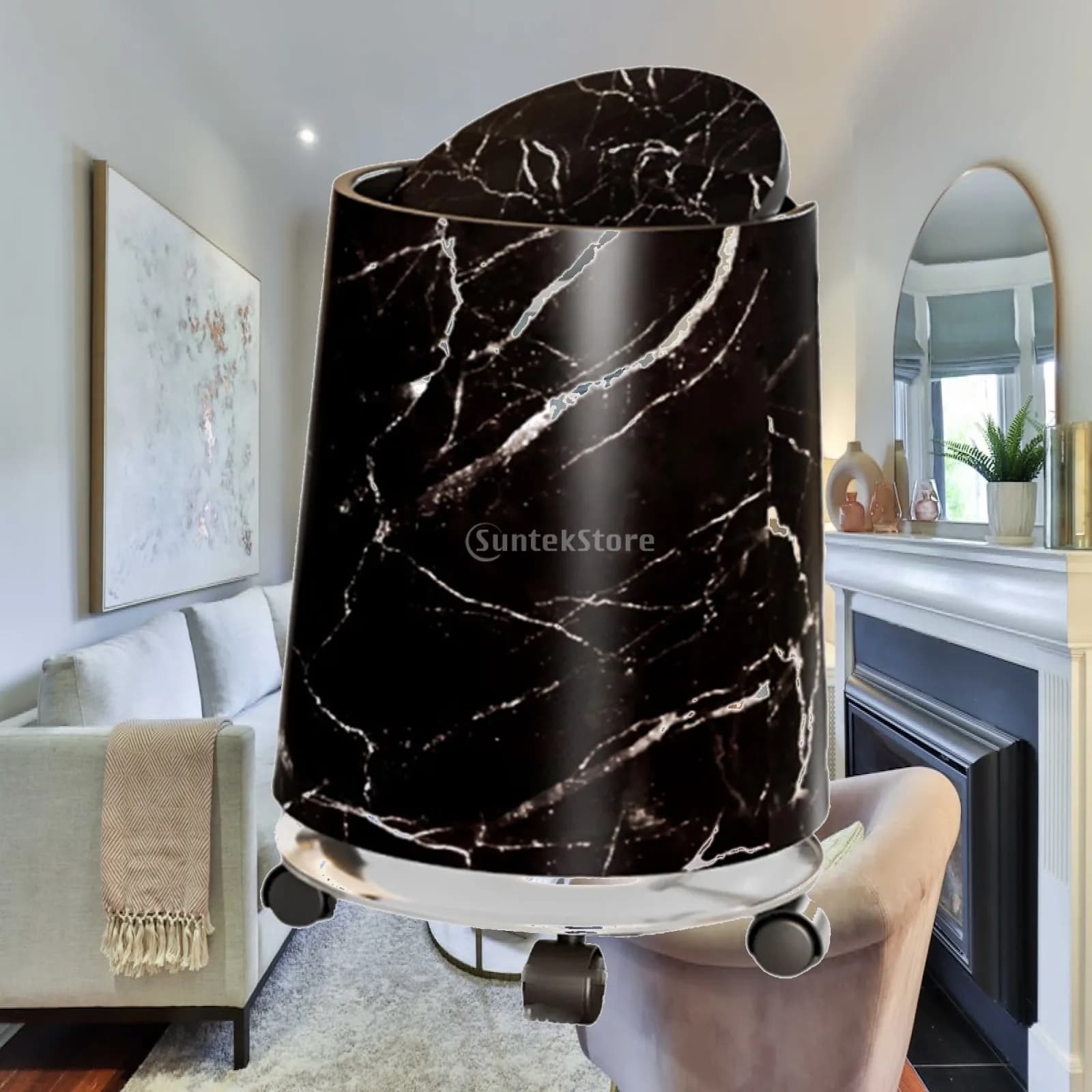 Marble Pattern Rolling Trash Bin Double Compartment Bathroom Waste Container Reusable Garbage Basket for Home Decor