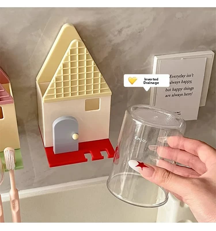Small House Toothbru Holder Toothbrush Storage Rack No Punching Creative Hanging Storage Rack with Mouthwash Cup
