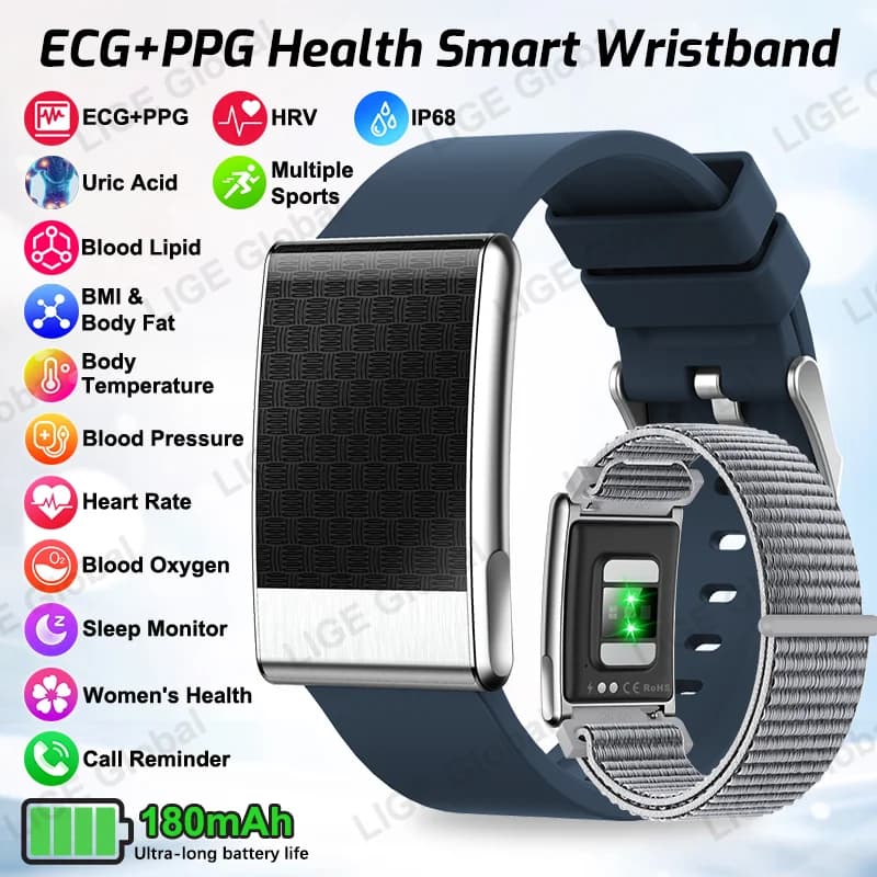 LIGE ECG + PPG Smart Bracelet Man Woman Acid Urico Fat Body Body Temperature BP Oxygen Blood Health Smartwatch Sport Fitness Band