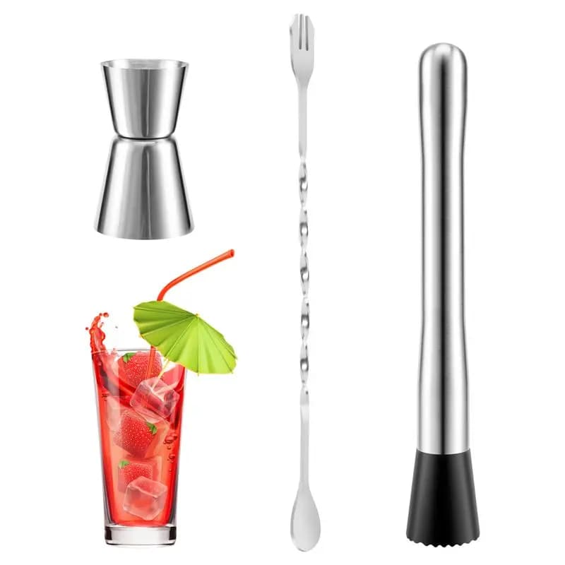 ABAH-Stainless Steel Cocktail Muddler, Mixing Spoon, Jigger Set, Bar Tool Set For Bar Party Wine Cocktail Drink Shaker