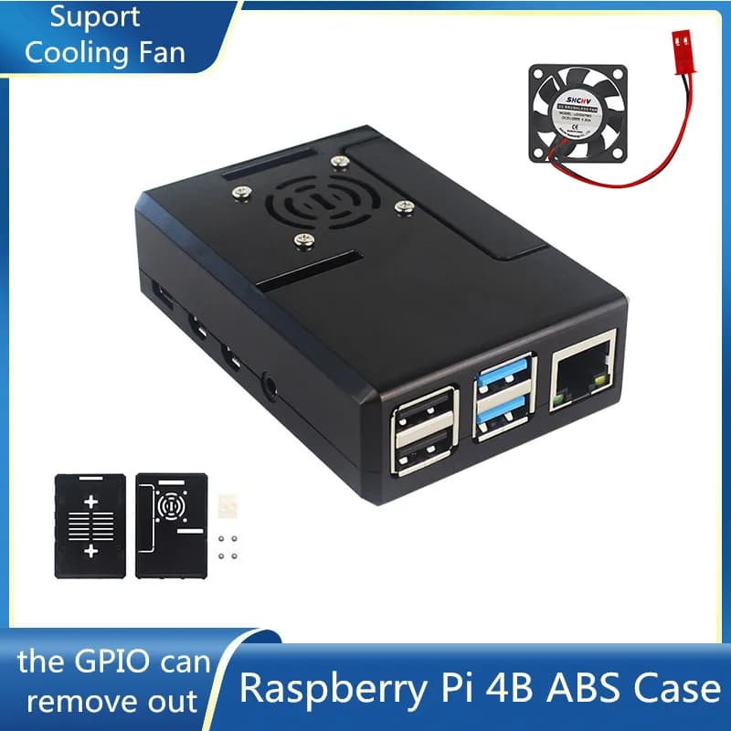 Custodia in ABS per Raspberry Pi 4 modello B guscio in plastica trasparente nera coperchio GPIO rimovibile con ventola di raffreddamento per Raspberry Pi 4