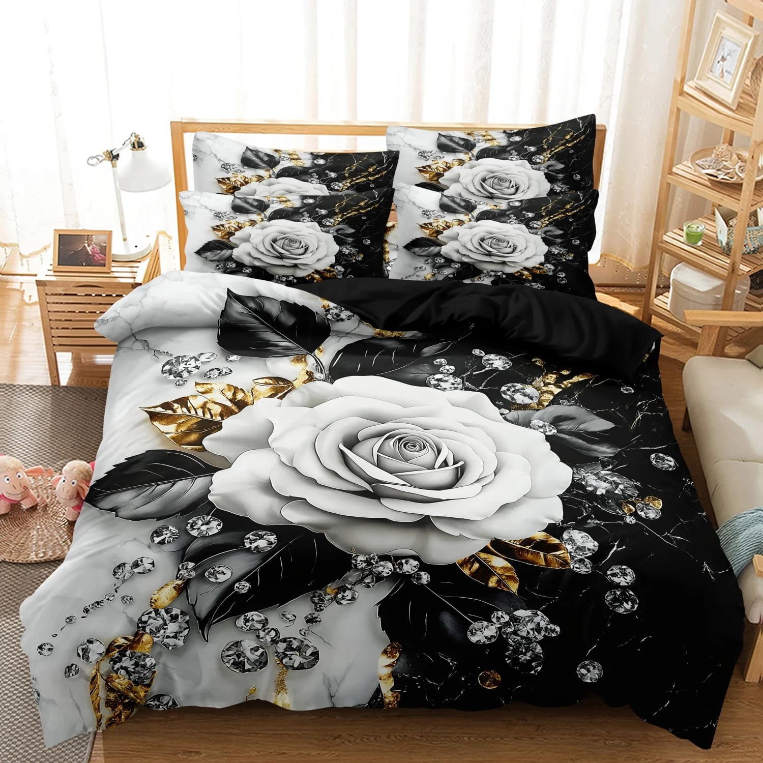 Set di biancheria da letto floreale con rose bianche in marmo, 3 pezzi, copripiumino a tema fiori di lusso, per camere da letto familiari, dormitori, hotel