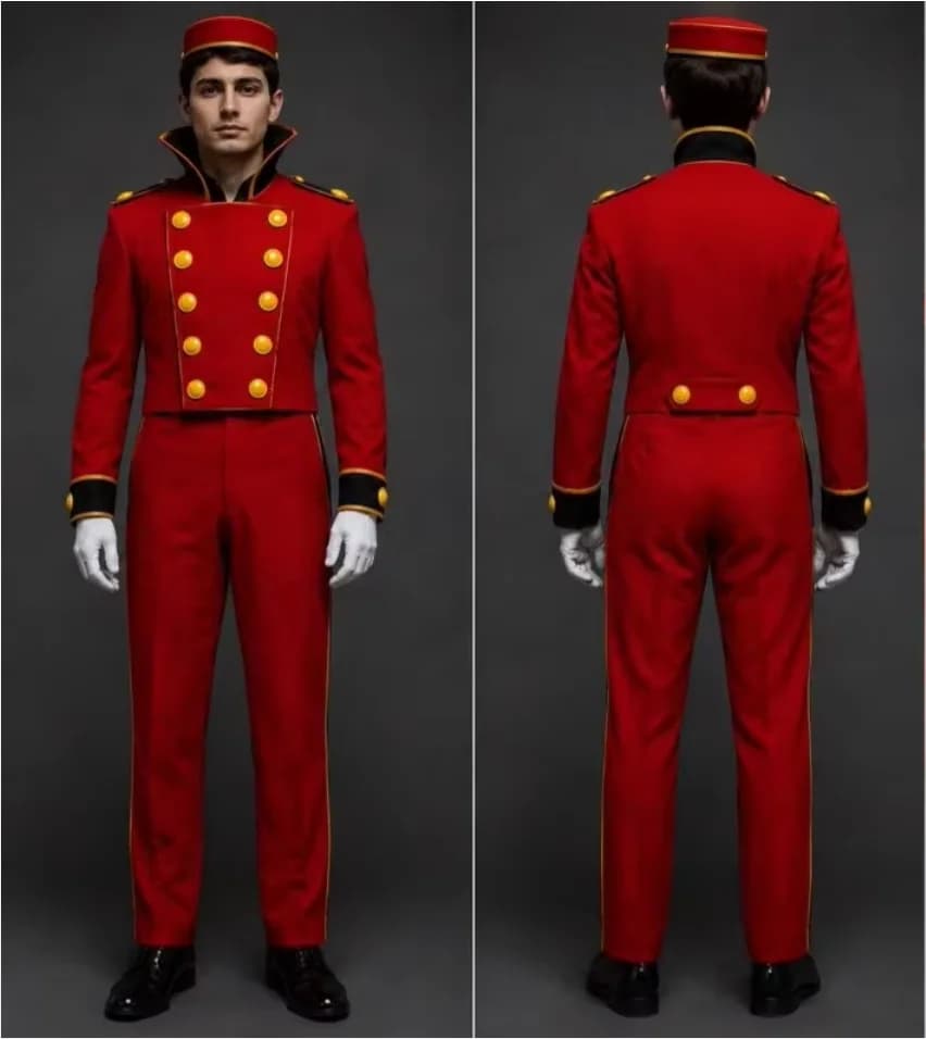 Men Vintage Military Hussar Costume Outfits Ringmaster Costume Red Gold Trim Double Breasted Uniform With Hat Gloves Set