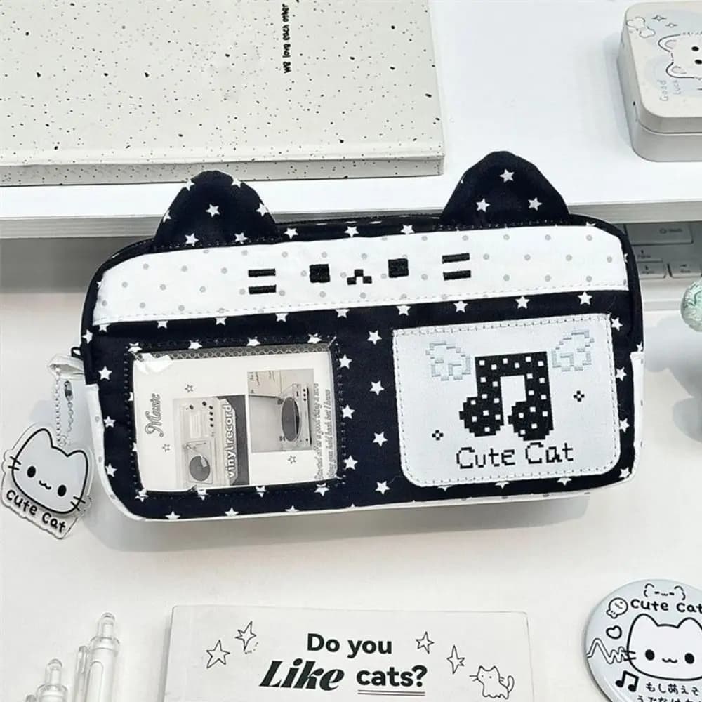 Portable Pixel Music Not Print Pencil Case Cat Ear Design Large Capacity Pencil Pouch Stationery Organizer School Supplies