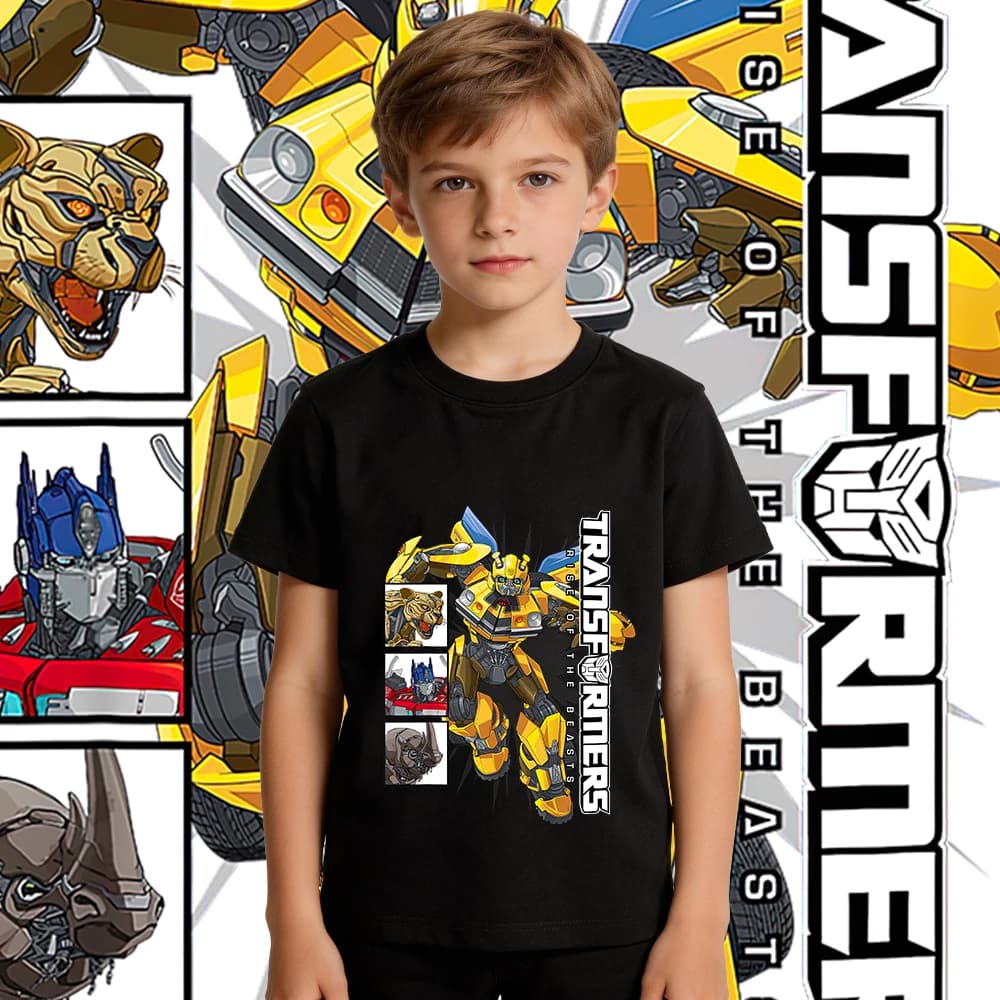 T-shirt in cotone con stampa Transformers Bumblebee & Maximals Assemble per ragazzi e ragazze, top casual estivo a maniche corte