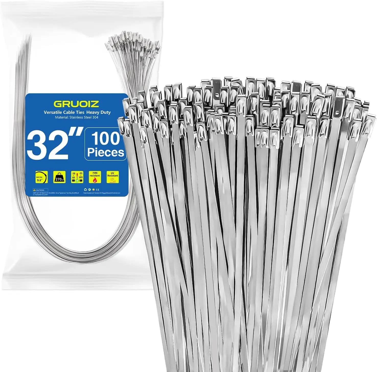 Fascette stringicavo in acciaio inossidabile da 32 pollici, confezione da 100, fascette stringicavo in metallo 304, resistenza alla trazione di 270 libbre, per impieghi gravosi, per fattorie, tubi, tetti, officine, recinzioni esterne