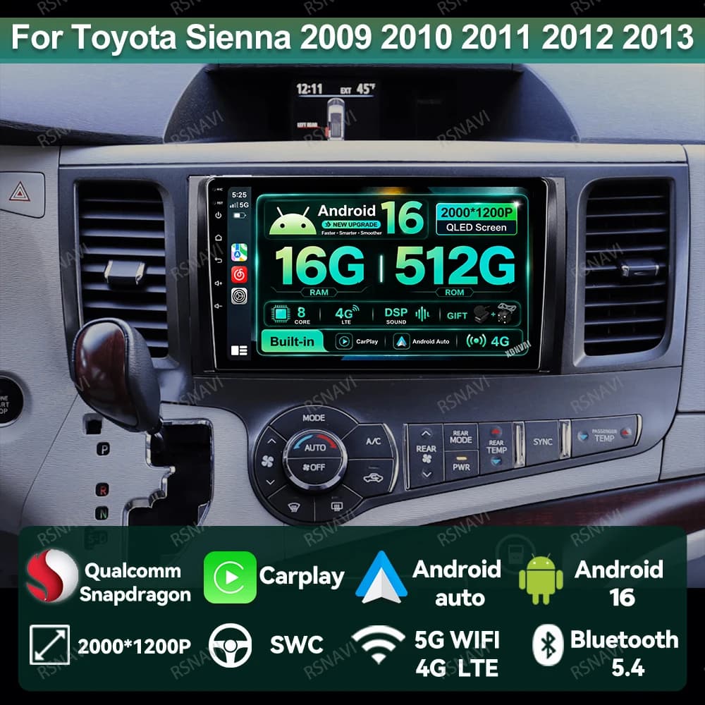 Android 15 Autoradio Per Toyota Sienna 2009 2010 2011 2012 2013 2014 9/10 Pollici DVD Qualcomm 8 Core AI Voce AUTO IPS Snapdragon