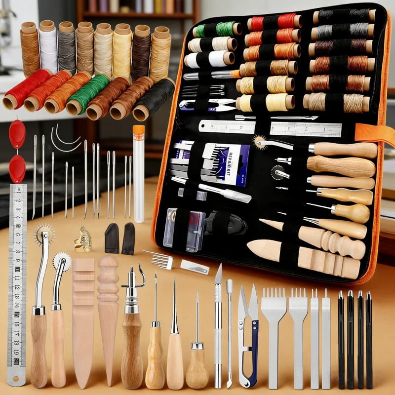 Kit di Cucito in Pelle Arancione, Set di Riparazione per Tappezzeria con Sarto, Forbici e Attrezzi per Principianti e Professionisti, Kit Fai-da-Te per Lavorazione del Cuoio