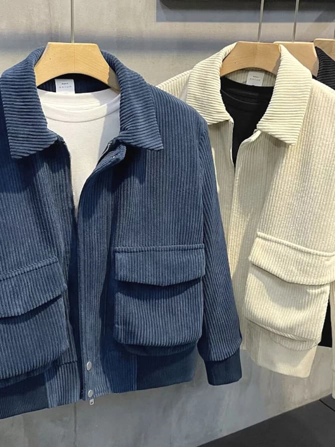 Retro Corduroy Workwear Jacket Men's Short Double Pocket Open Cardigan Coat Stripe Warm Collar Baseball Uniform