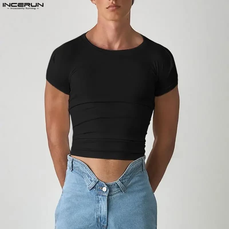 INCERUN T-shirt da uomo tinta unita girocollo a maniche corte, top corto scavato, streetwear da uomo 2026, senza schienale, sexy, alla moda, casual, camisetas