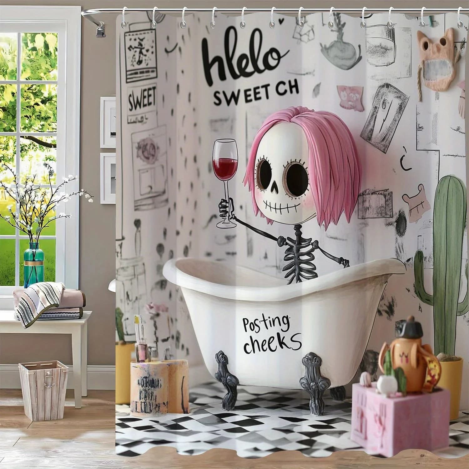 Halloween Skull Pattern Shower Curtain w/ Hooks, Soft Fade Resistant Window Curtain for Bathroom, Chic Home Decor
