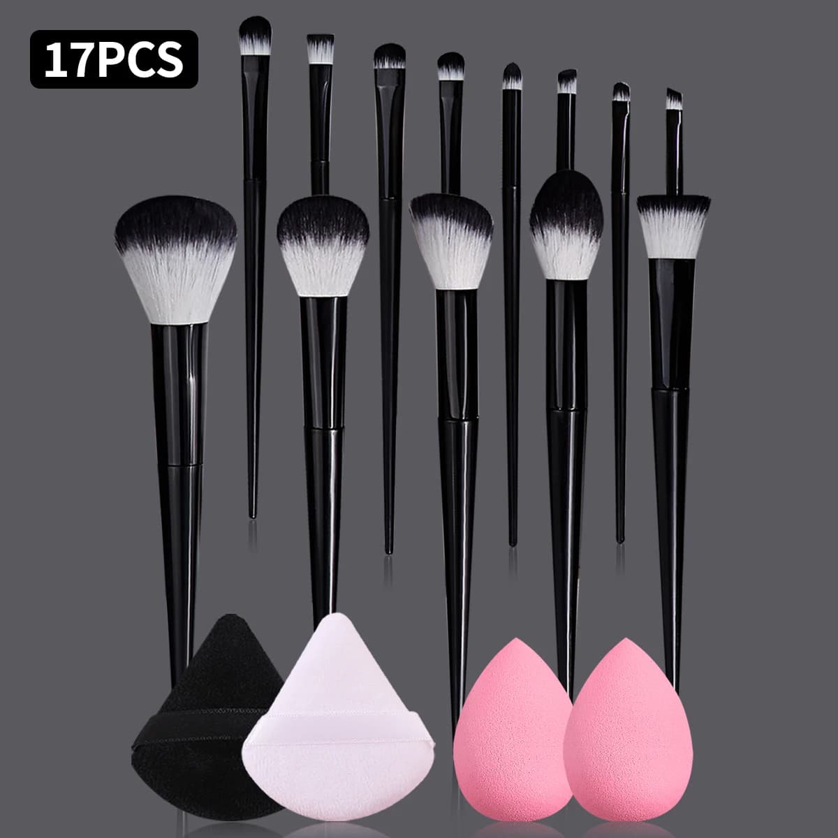 17PCS Black Makeup Brush Set with Beauty Sponges&Powder Puffs,Ultra-Soft Hair for Foundation, Eyeshadow&Blush,Cosmetic Tool Kit