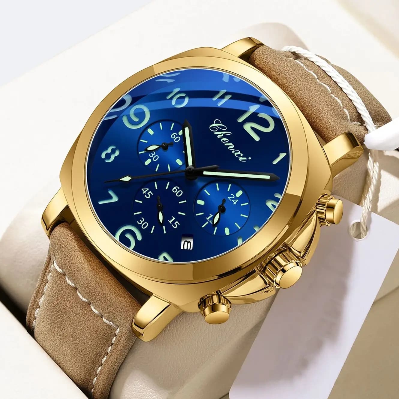 CHENXI Orologio da uomo Orologio da polso con timer per luce notturna di lusso multifunzionale Cinturino in pelle da uomo Orologi con movimento al quarzo impermeabile 3Bar