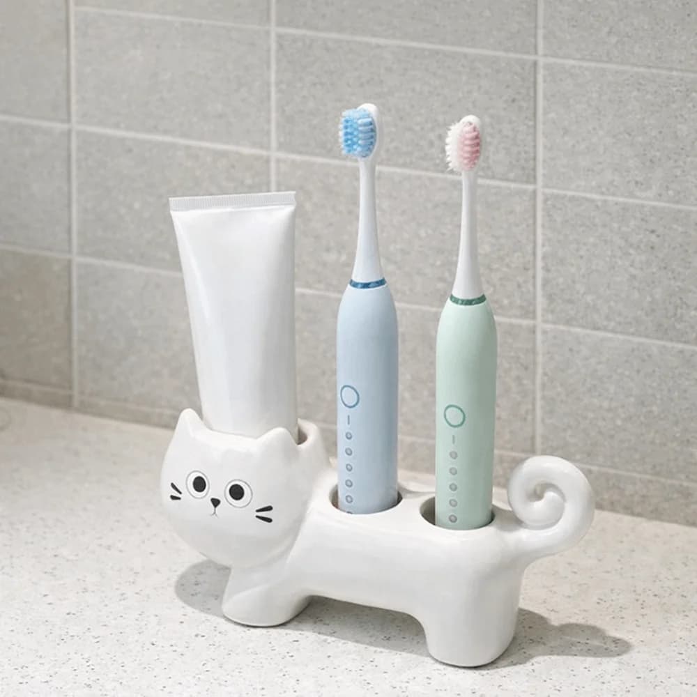 Base per Spazzolino in Ceramica a Forma di Gatto, Impermeabile, Carino, Decorativo, Supporto per Spazzolino Elettrico con 3 Fori
