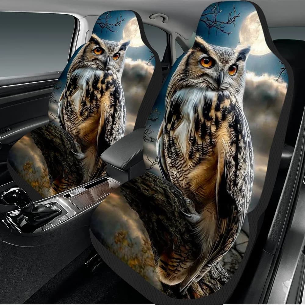 2pcs Halloween Night Owl Scene Car Seat Cover Set – Trendy, Durable Design, High-Quality Protector For 2 Front Seats, Fit For