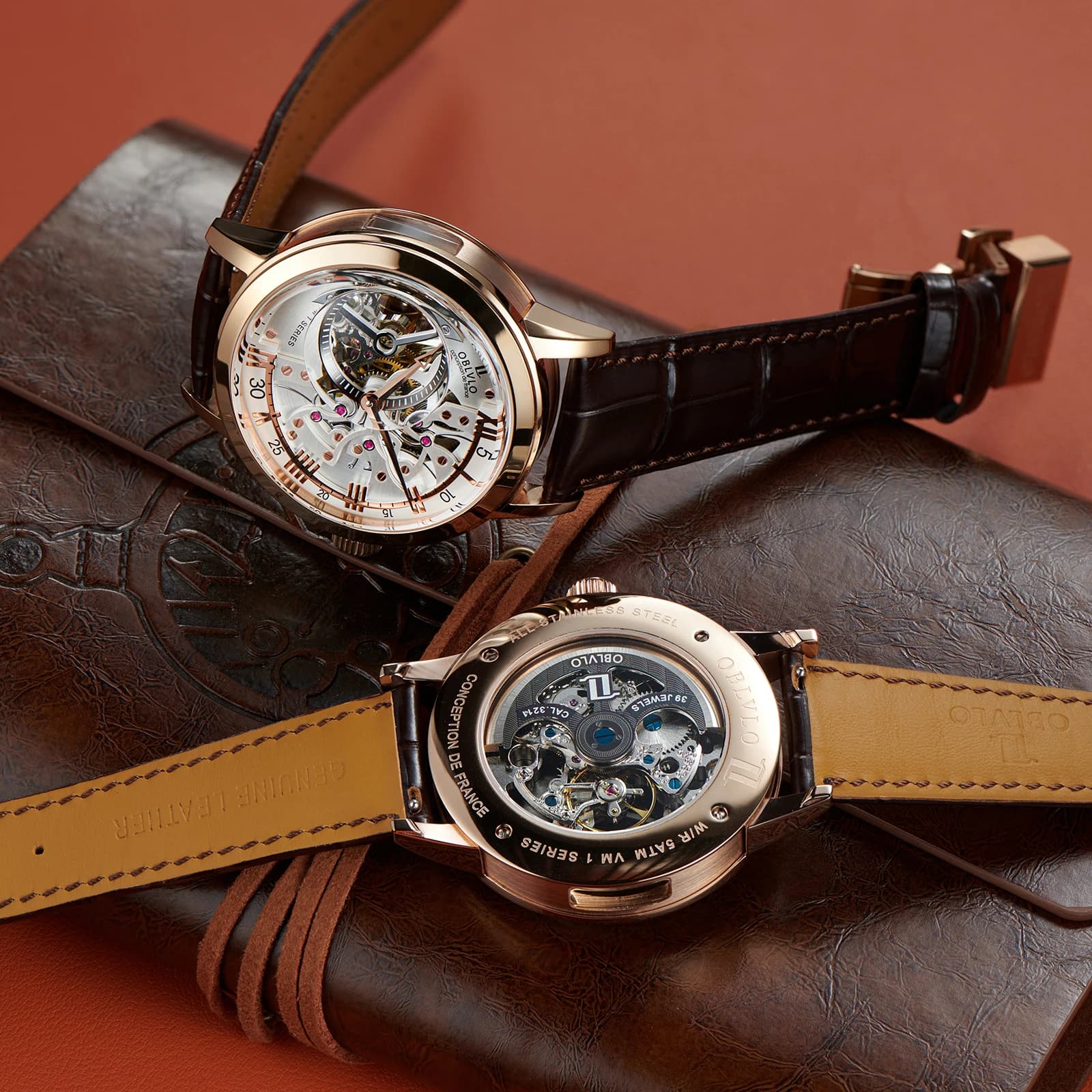 OBLVLO Luxury Retro Casual uomo scheletro orologi automatici cinturino meccanico in pelle di vitello orologio impermeabile in cristallo minerale VM