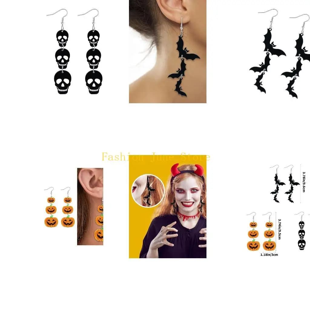 N5KA Inquietanti orecchini pendenti in acrilico con design a teschio 3D per abiti Halloween