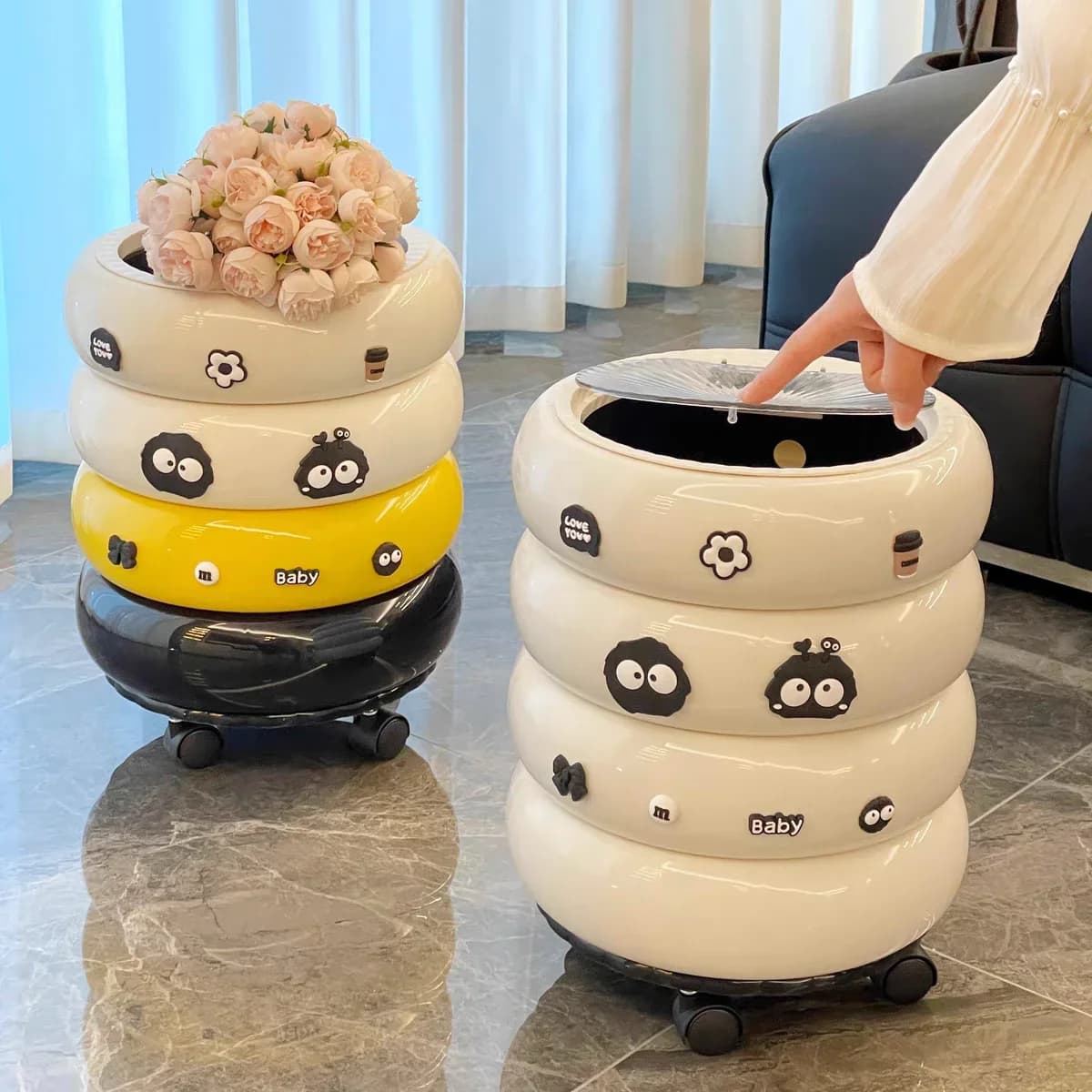 12L Doughnut Shape Wastebasket with Lid Wheel Recycle Bin Bedroom Living Room Kitchen Garbage Cube Cream Wind Cute Trash Can