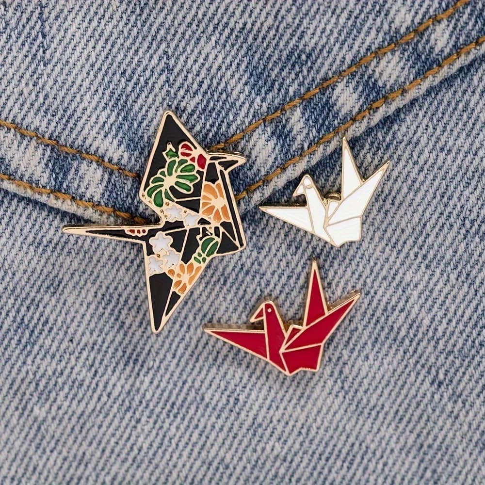 3-Piece Enamel Brooch Set, Paper Crane Shape - Japanese Origami Animal Design, Fashion Accessories