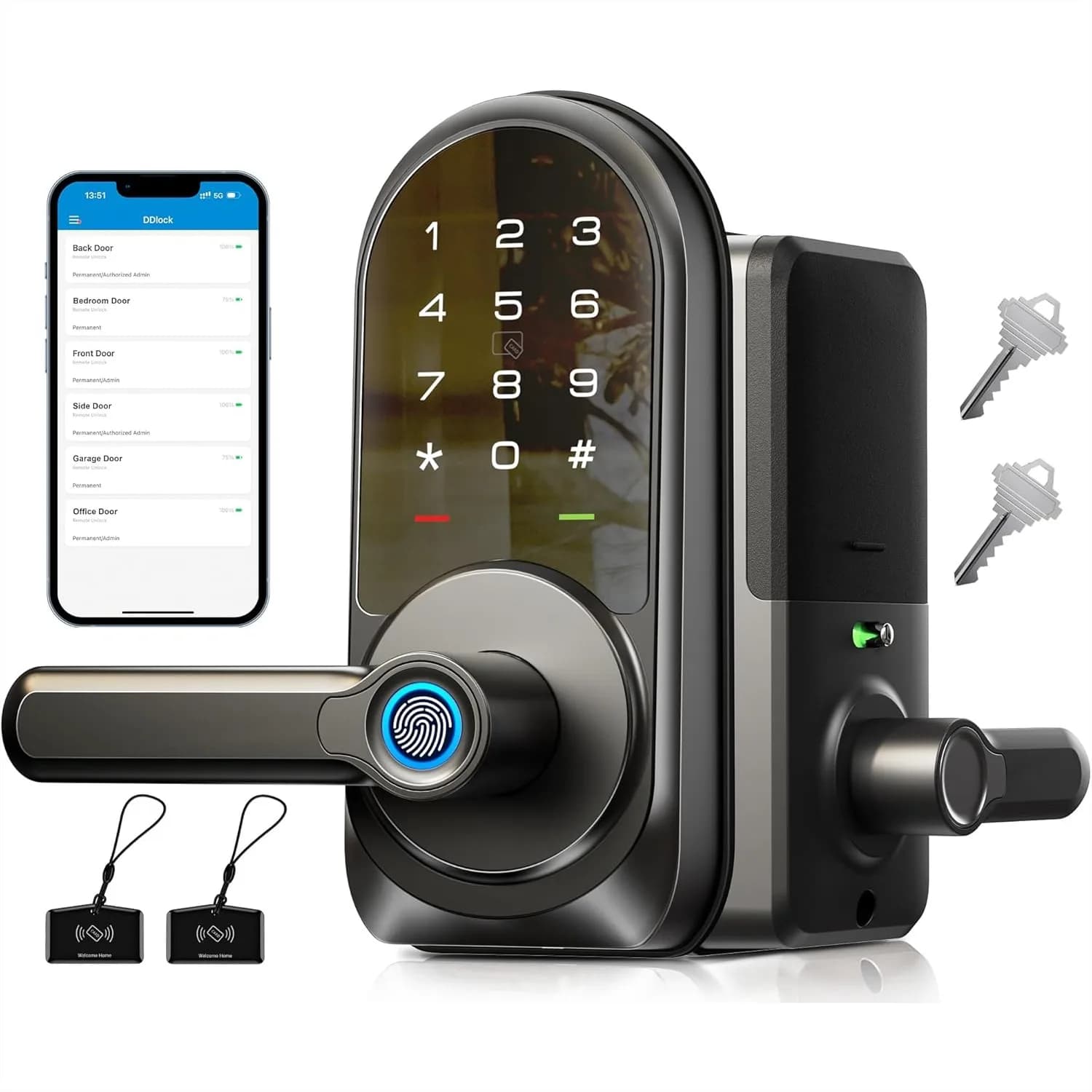 Serratura Intelligente 7-in-1 con Maniglia, Controllo APP, Impronta Digitale, per Porta d'Ingresso, Serrature Elettroniche Digitali con