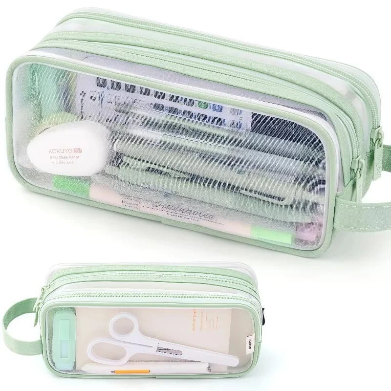 Large Capacity Mesh Pencil Case Double Layer Transparent Pencil Pouch Handheld Multifunctional Cosmetic Bag Suitable for Student