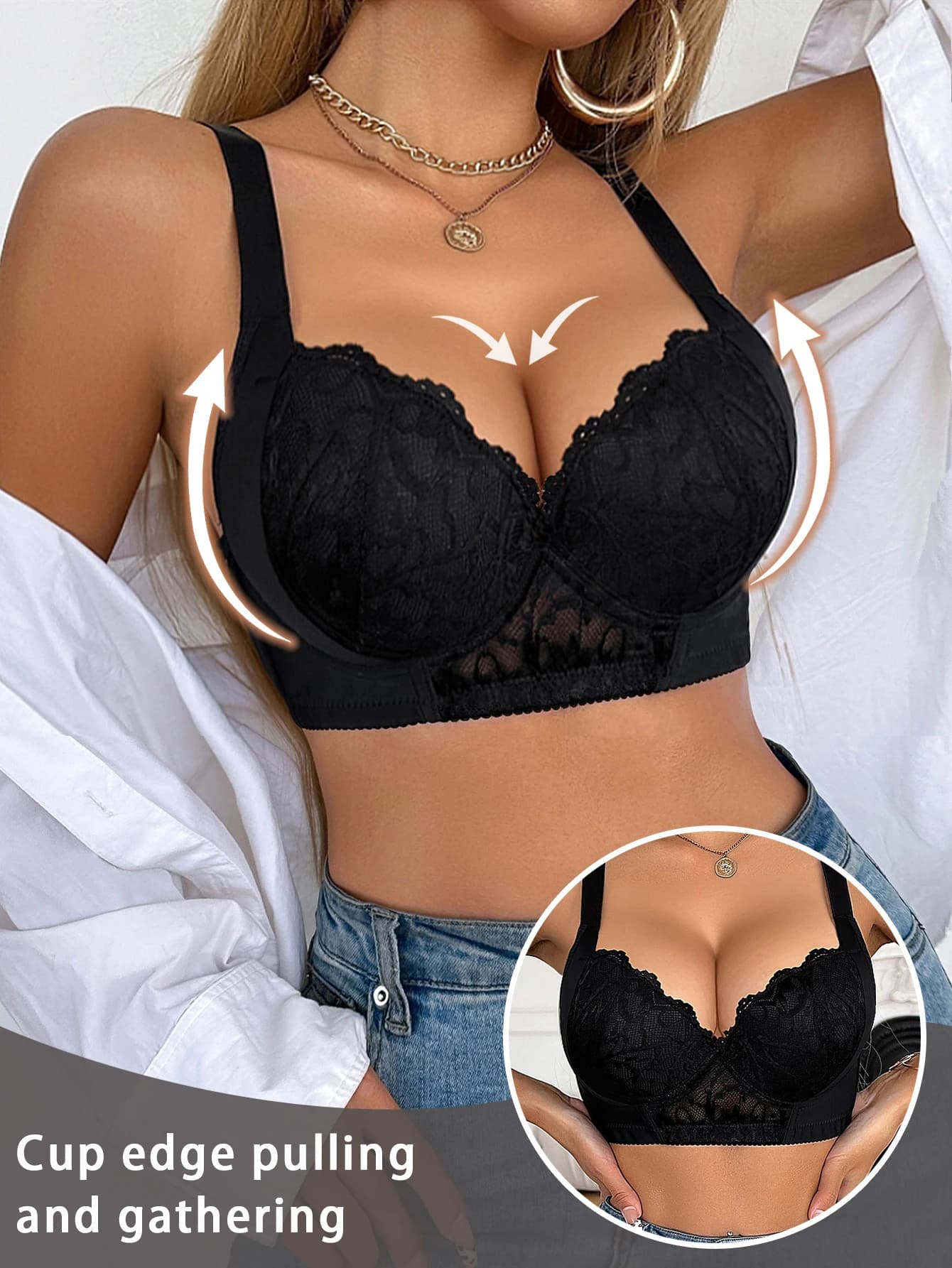 Reggiseno Push-Up per Donne con Bordo in Pizzo, Coppa B C Imbottita, Reggiseno Sexy che Valorizza il Seno, Funzione di Supporto Laterale, Reggiseno Confortevole