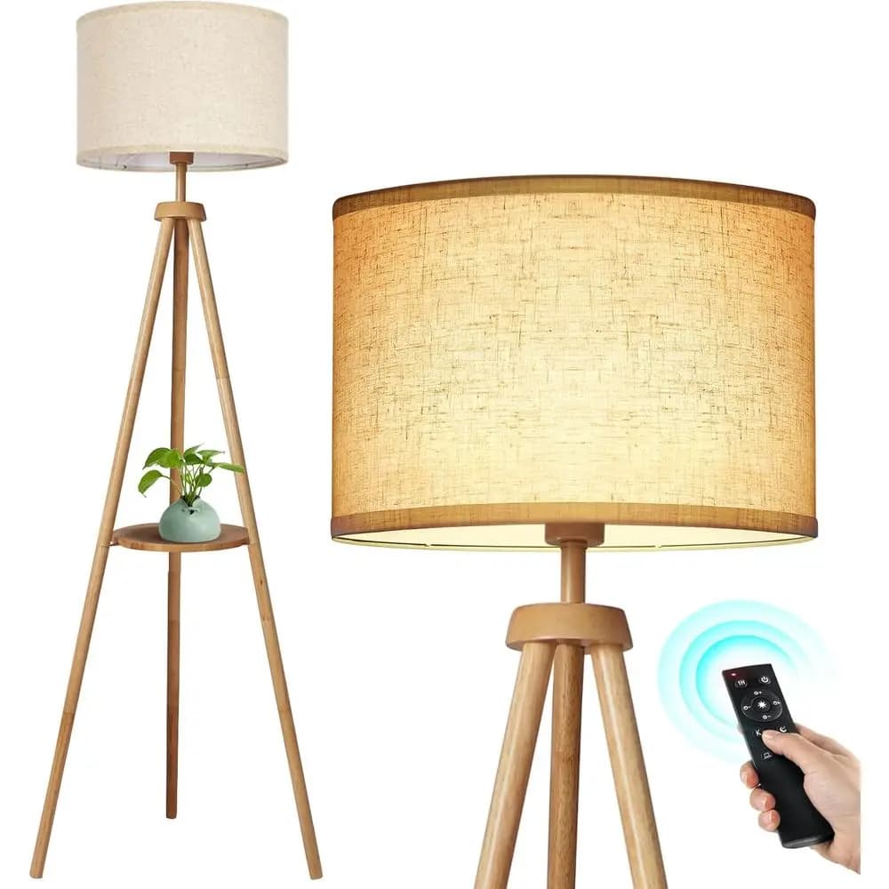 OUTON wooden floor lamp with shelves, Century floor lamp with remote control, 4 color temperatures, dimmable LED