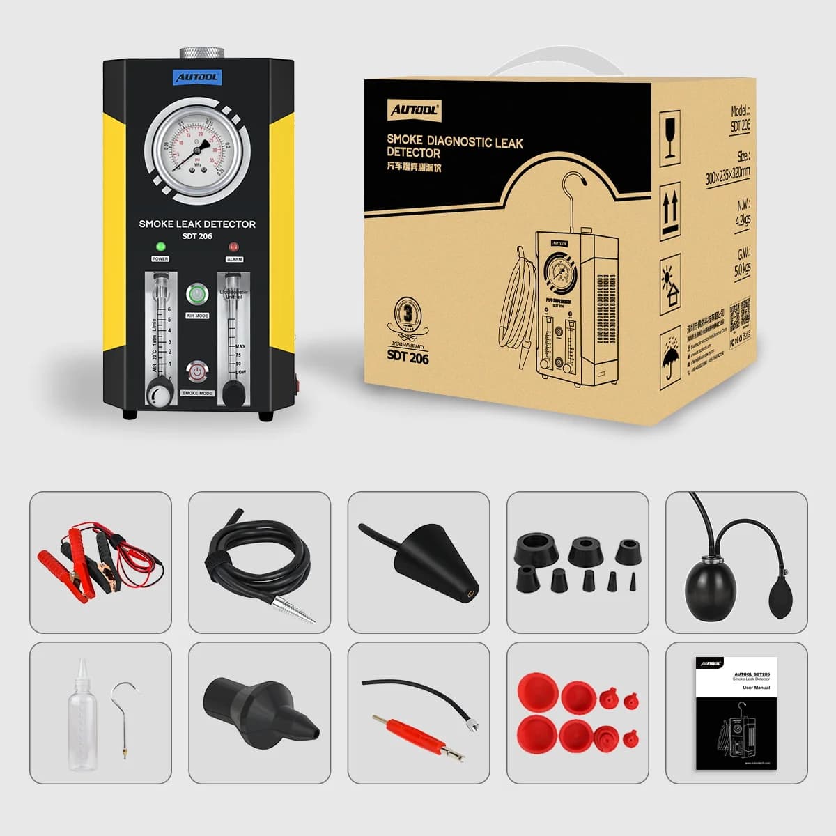 Rilevatore di perdite di fumo per auto Autool SDT206, strumento diagnostico per la rilevazione di perdite nel sistema di tubazioni con indicatore di flusso di liquido per auto
