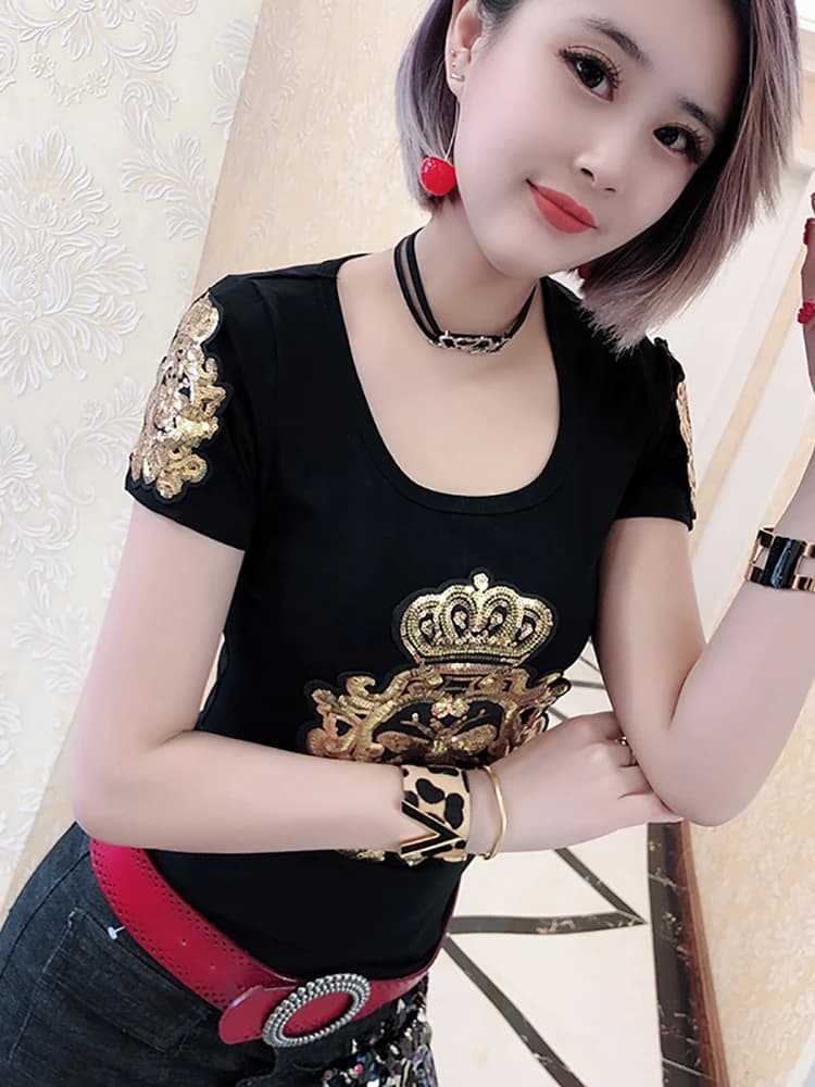 Summer 2024 Women's Slim Fit round Neck Embroidered Base Shirt Short Sleeve T-Shirt Street Style Creative Pattern Casual Top