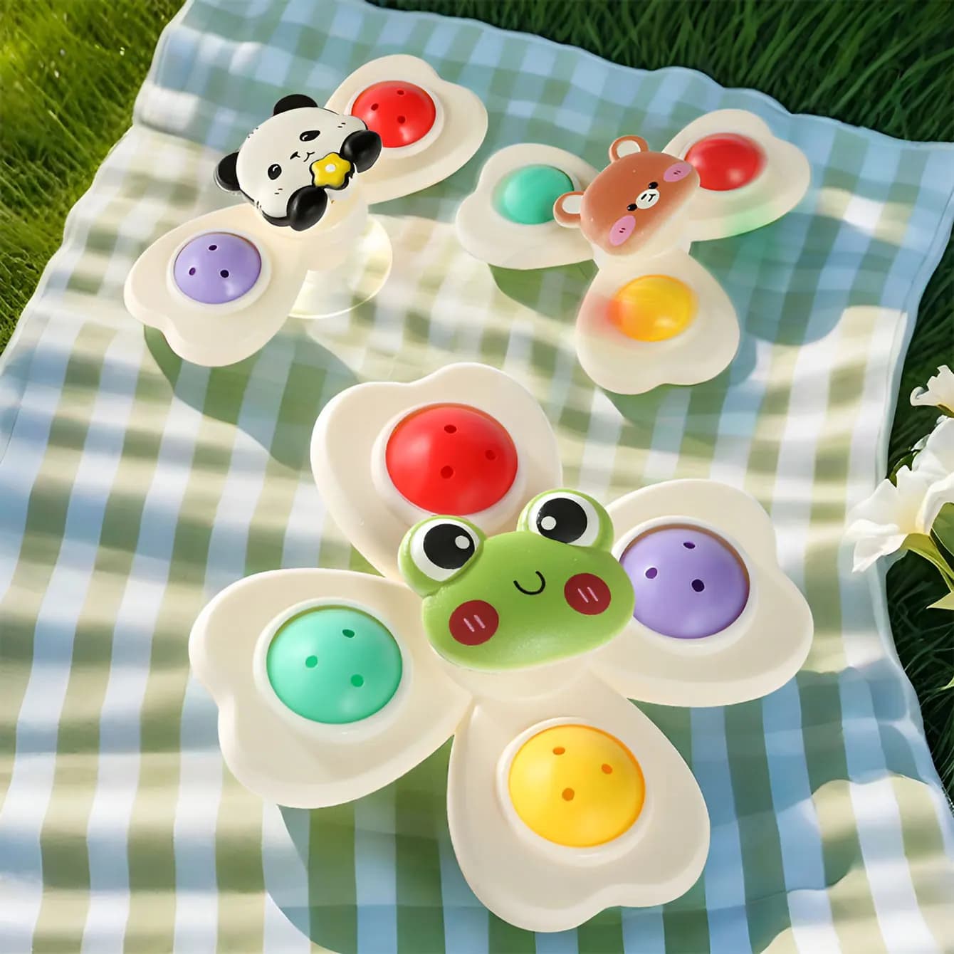 Giocattolo rotante con ventosa a forma di fiore animale con ventosa girevole per tavolo e sedia per bambini, set di spinner con punta delle dita da 3 pezzi