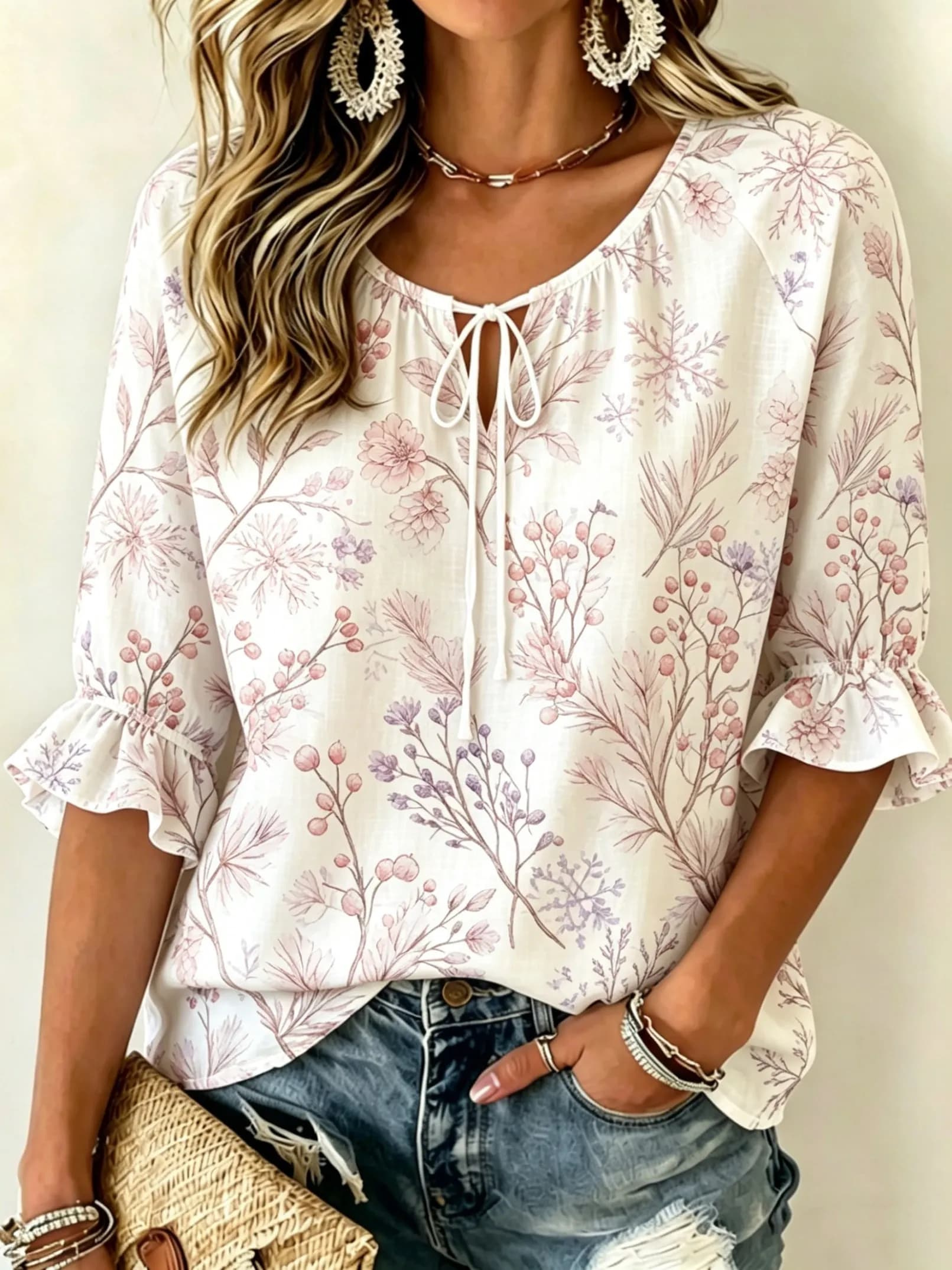 Camicetta da donna rosa tenue con stampa botanica e laccetti frontali, top casual ampio per l'uso quotidiano primavera-estate