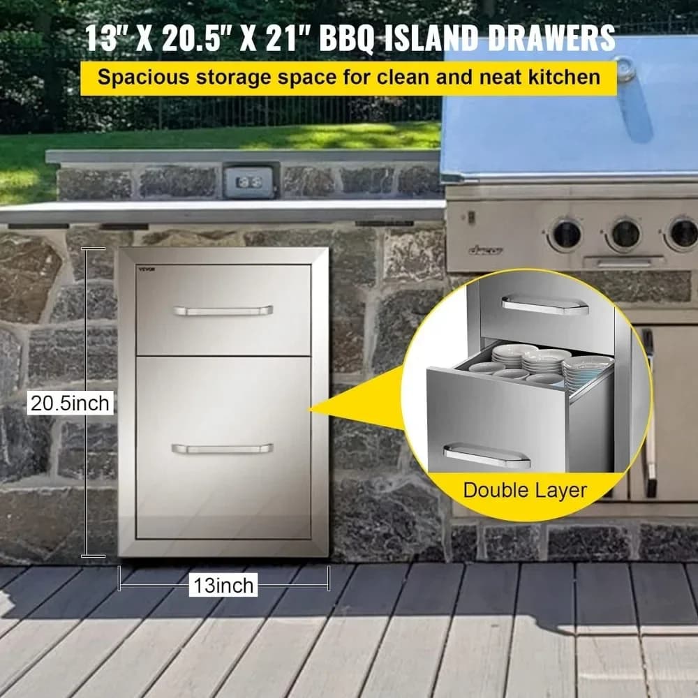 -Tiro da cucina per esterni 13" LX 20,4" AX 20,8" D, cassetti doppio per accesso al barbecue con montaggio a incasso con manico in acciaio inossidabile