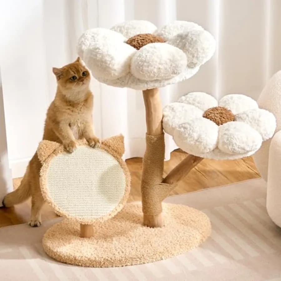 Albero per Gatti Moderno in Legno Massello Naturale per Gatti da Interno, Grande per Adulti, 76 cm, a Forma di Fiore, con Tiragraffi, Lussuoso ed Estetico