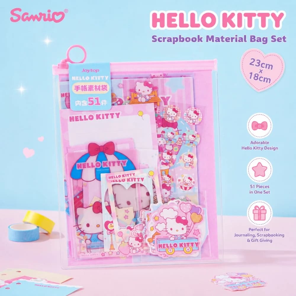 Genuine Sanrio Hello Kitty Stationery Material Bag 51PCS Scrapbook Journal Kit with Paper Stickers Cards for Planner Gifts