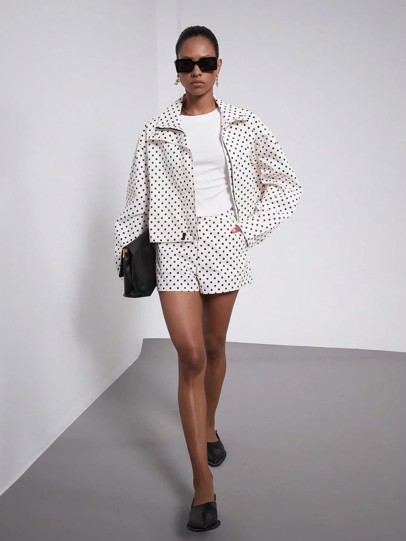 Set giacca bomber e pantaloncini da donna con colletto a pois, streetwear, abbigliamento casual