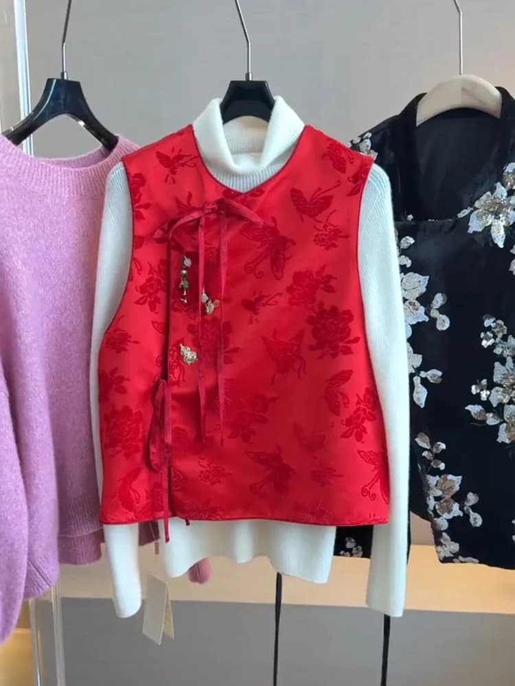 Retro Chinese Embroidered Red Vest Jacket Spring Autumn Women's New Style Tang Costume Small Shoulder Pad Vest Top