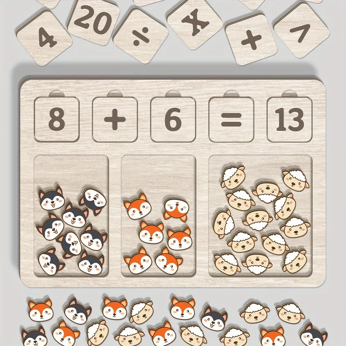 Set di vassoi da tavolo per matematica aritmetica in legno, blocchi numerici e conteggio degli animali, gioco da tavolo, giocattolo educativo precoce per la scuola materna per bambini