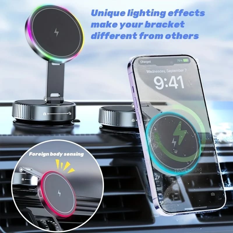 Caricabatterie wireless a ricarica rapida da 15 W Supporto magnetico per telefono cellulare per auto Ventosa a vuoto con ricarica wireless con luce LED arcobaleno