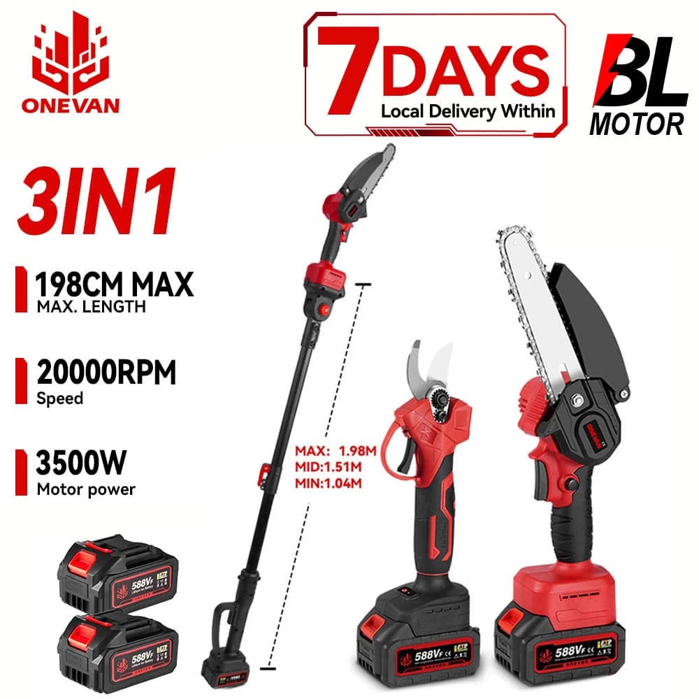 ONEVAN 3in1 Electric High Branch Saw 20000RPM Cordless Telescoping High Pruning Shear Garden Power Tool For ONEVAN 18V Battery