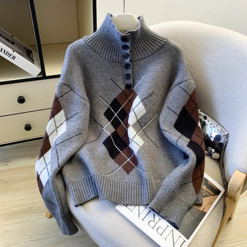 Maglione Casual con Motivo Argyle Grigio a Collo Alto per Donna, Pullover Primaverile Ispessito con Patchwork, Maglione Caldo e Confortevole