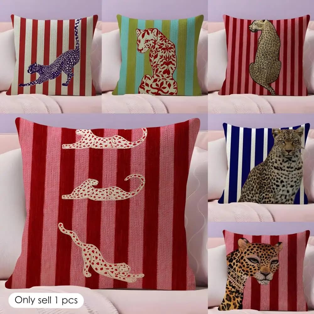 Fodera per cuscino a righe con stampa ghepardo, in lino naturale, stampa fronte-retro, decorativa per divano, arredamento casa, idea regalo